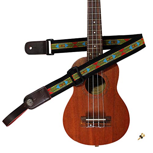 MUSIC FIRST Original Design Vintage Mysterious Aztec Soft Meshbelt & Genuine Leather Ukulele Strap Ukulele Shoulder Strap With a Genuine Leather Strap Locker - Image 1