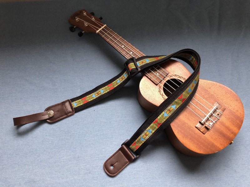 MUSIC FIRST Original Design Vintage Mysterious Aztec Soft Meshbelt & Genuine Leather Ukulele Strap Ukulele Shoulder Strap With a Genuine Leather Strap Locker - Image 2