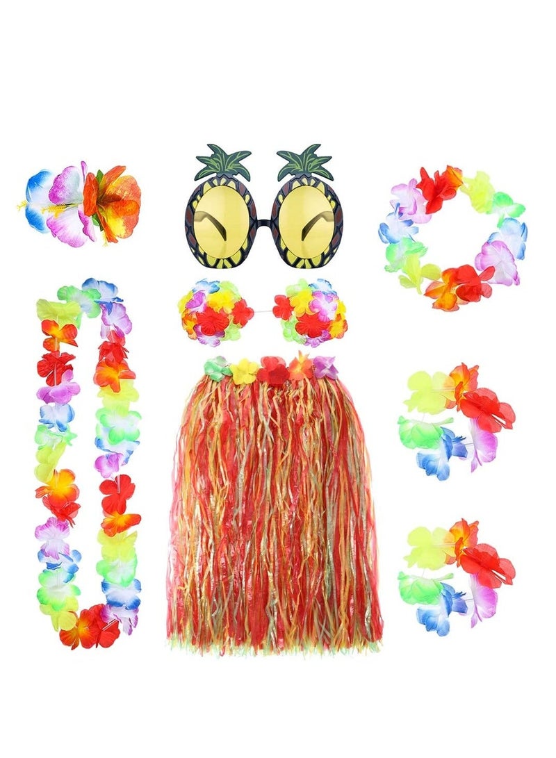8 Pieces Hula Skirt Costume Kit, Hawaiian Leis Grass Skirt with Flowers Bikini Top Bracelets Necklace Hair Clip Pineapple Sunglasses for Hula Costume and Beach Party, Masquerade - Image 5