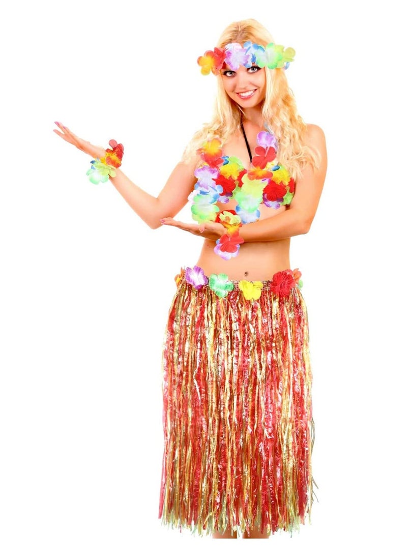 8 Pieces Hula Skirt Costume Kit, Hawaiian Leis Grass Skirt with Flowers Bikini Top Bracelets Necklace Hair Clip Pineapple Sunglasses for Hula Costume and Beach Party, Masquerade - Image 4