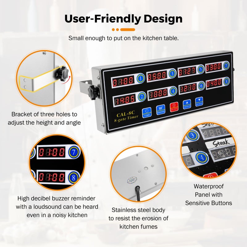 BEAMNOVA 8-Channel Digital Kitchen Timer Commercial Cooking Fryer Reminder Loud Ring Alarm Stainless Steel Adjustable Volume - Image 5