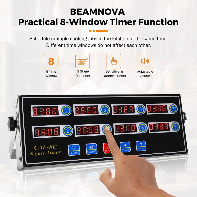 BEAMNOVA 8-Channel Digital Kitchen Timer Commercial Cooking Fryer Reminder Loud Ring Alarm Stainless Steel Adjustable Volume - Image 2