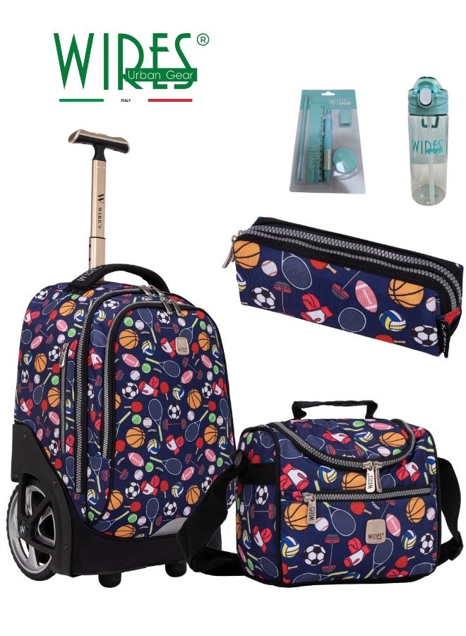 Wires 3 Piece Kids School Trolley Bag laptop compartment Big Wheels With Lunch bag u0026 Pencil Case - Image 1