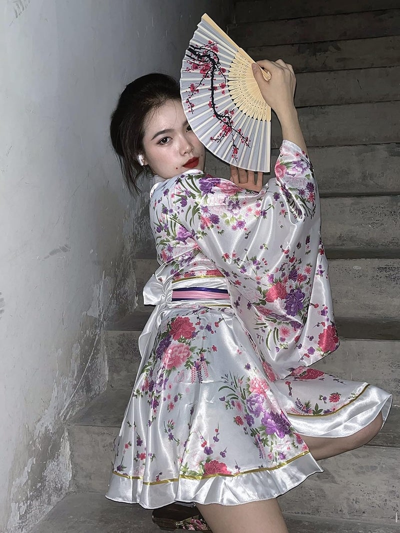 Elibelle Japanese Anime Women's Dance Kimono Robe Fancy Dress Hand Held Silk Folding Fans Tabi Hairstick Socks Set - Image 4