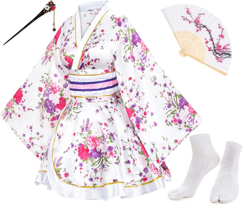 Elibelle Japanese Anime Women's Dance Kimono Robe Fancy Dress Hand Held Silk Folding Fans Tabi Hairstick Socks Set - Image 1