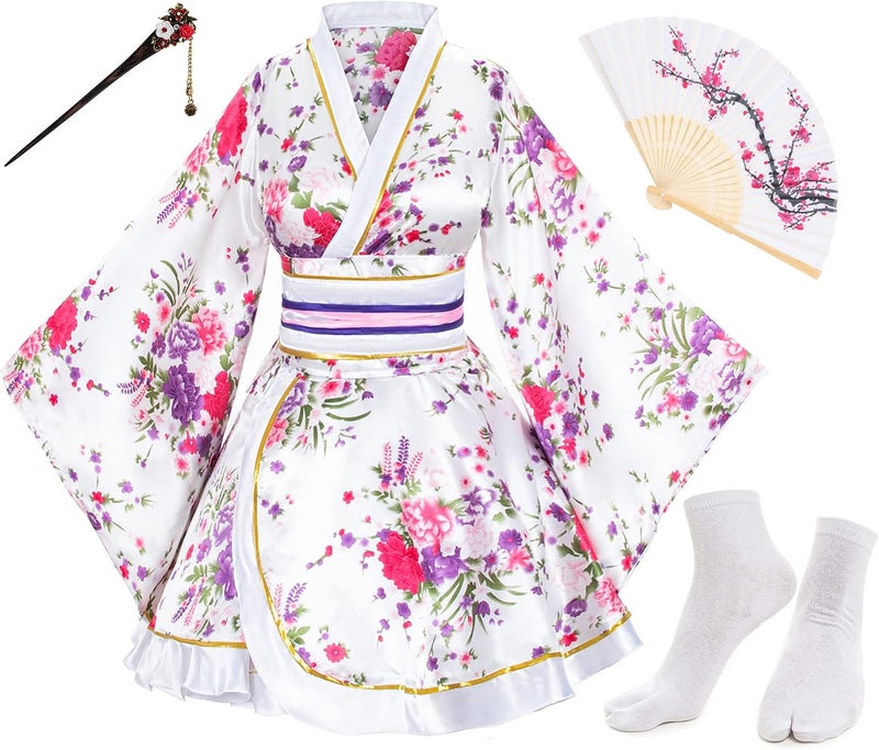 Elibelle Japanese Anime Women's Dance Kimono Robe Fancy Dress Hand Held Silk Folding Fans Tabi Hairstick Socks Set - Image 2