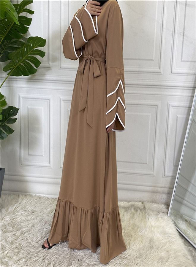 Loquat Pleated Loose Hem Muslim Fashion Dress Abaya Brown  - Image 2