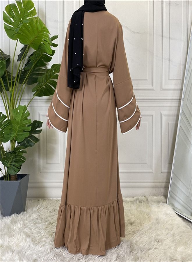 Loquat Pleated Loose Hem Muslim Fashion Dress Abaya Brown  - Image 3