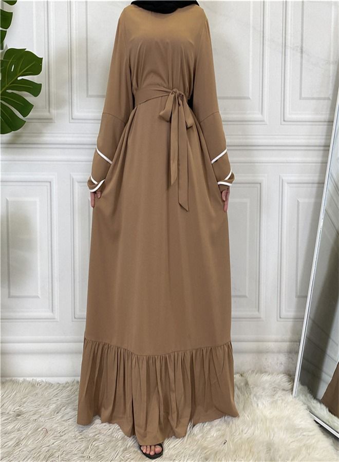 Loquat Pleated Loose Hem Muslim Fashion Dress Abaya Brown  - Image 1