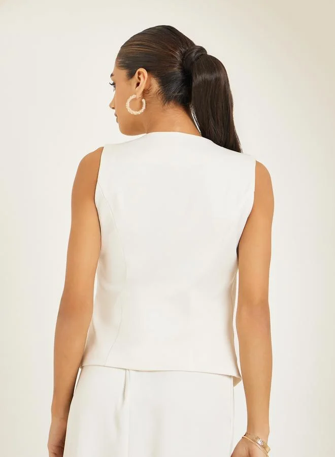 Styli  Women Cream Sleeveless Buttoned Waistcoat for Women | Best Price UAE