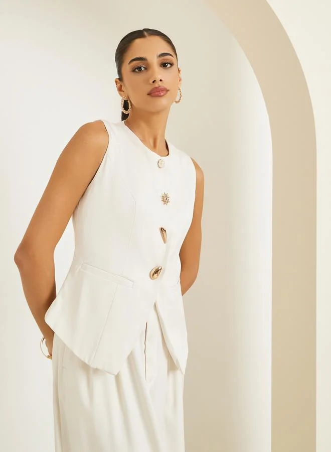 Women Cream Sleeveless Buttoned Waistcoat
