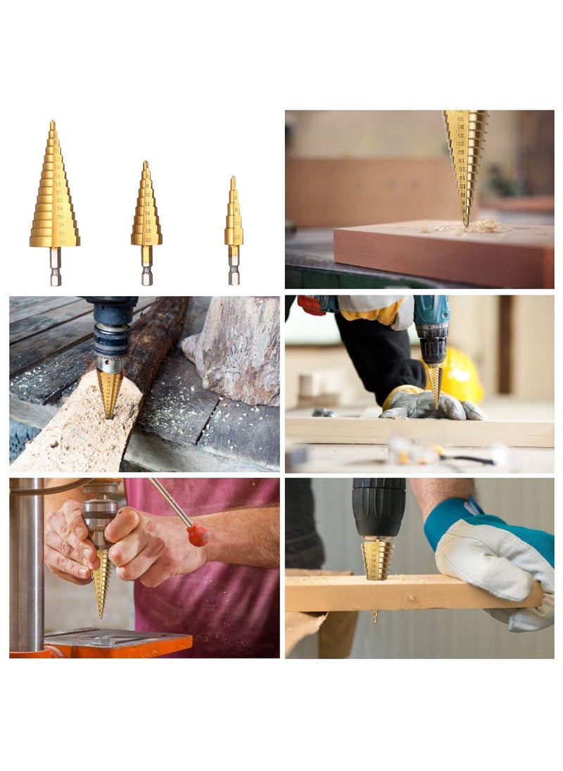 3-Piece Titanium Coted Cone Metal Step Drill Bits