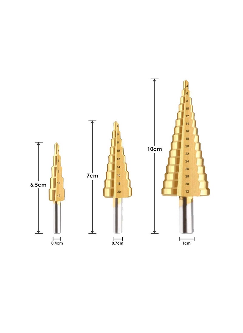 3-Piece Titanium Coted Cone Metal Step Drill Bits