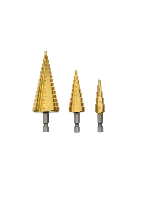3-Piece Titanium Coted Cone Metal Step Drill Bits