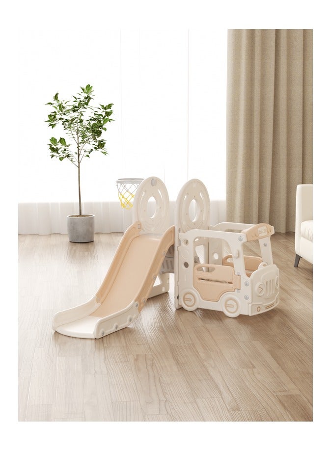 فول جوي زحليقة أطفال مع متسلق وحلقة كرة سلة وبيت لعب على شكل حافلة، مجموعة زحليقة مستقلة 4 في 1، مجموعة ألعاب زحليقة داخلية وخارجية للأطفال الصغار (بيج) - Image 1