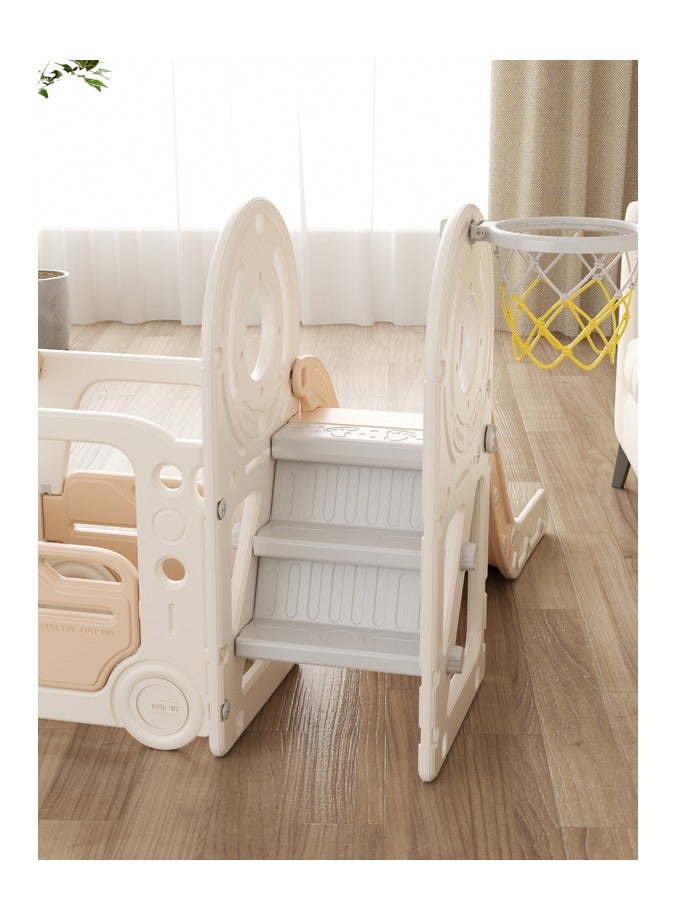 فول جوي زحليقة أطفال مع متسلق وحلقة كرة سلة وبيت لعب على شكل حافلة، مجموعة زحليقة مستقلة 4 في 1، مجموعة ألعاب زحليقة داخلية وخارجية للأطفال الصغار (بيج) - Image 2