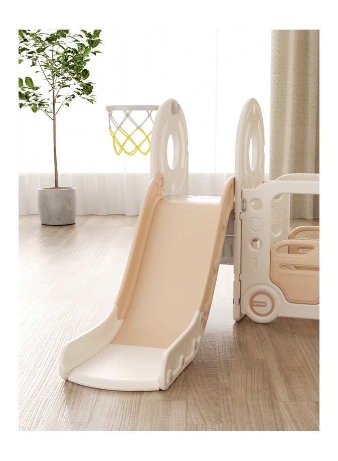 فول جوي زحليقة أطفال مع متسلق وحلقة كرة سلة وبيت لعب على شكل حافلة، مجموعة زحليقة مستقلة 4 في 1، مجموعة ألعاب زحليقة داخلية وخارجية للأطفال الصغار (بيج) - Image 3