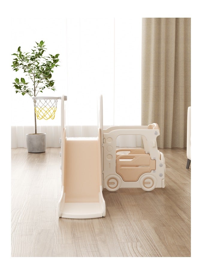 فول جوي زحليقة أطفال مع متسلق وحلقة كرة سلة وبيت لعب على شكل حافلة، مجموعة زحليقة مستقلة 4 في 1، مجموعة ألعاب زحليقة داخلية وخارجية للأطفال الصغار (بيج) - Image 4