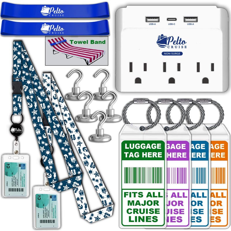 Pelto Cruise Ship Essentials 2026 Must Haves - Cruise Luggage Tags Holder, Cruise Approved Non-Surge Power Strip, Magnet Hooks, Lanyard, Towel Bands. Cruise Accessories for All Cruise Lines - Image 1