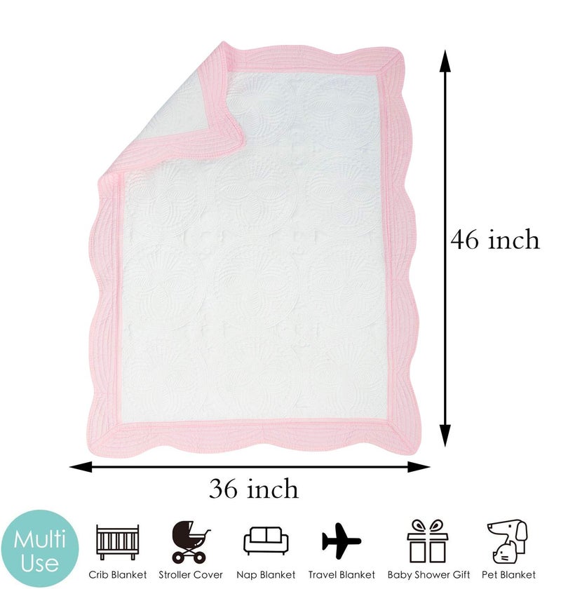 MONOBLANKS Baby Quilt Personlized Monogram Lightweight Embossed Scalloped Throw Blanket Four Seasons (White-Pink Trim) - Image 2