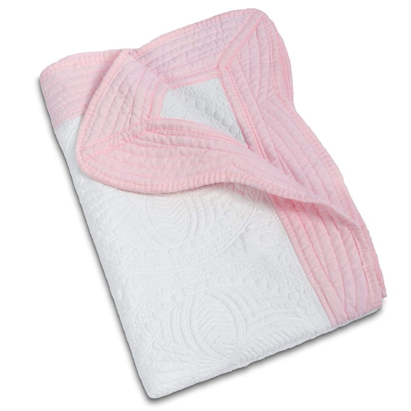 MONOBLANKS Baby Quilt Personlized Monogram Lightweight Embossed Scalloped Throw Blanket Four Seasons (White-Pink Trim) - Image 1