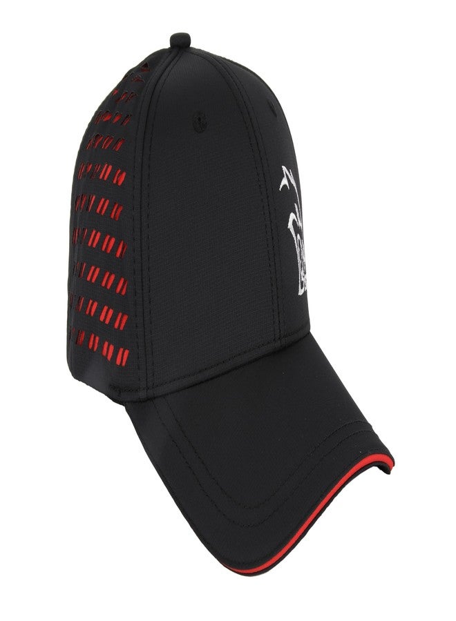 دودج قبعة رياضية متوسطة الارتفاع بتصميم معيني مقطوع بالليزر، مزينة بشعار دودج إس آر تي هيلكات مطرز، مزودة بشريط لاصق وعلامة شعار معينية - أسود/أحمر - Image 3