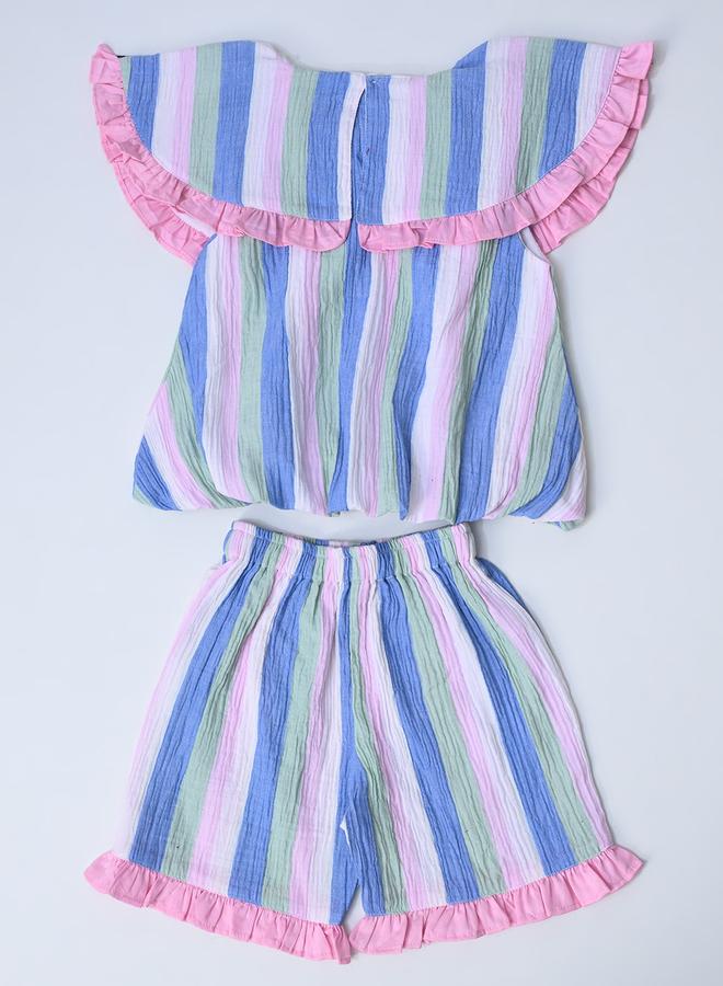 بيلا مودا طقم بلوزة بلا أكمام وشورت مخطط بتفاصيل مكشكشة من بيلا مودا - Image 3