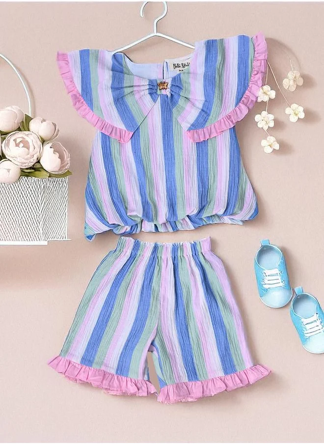 BELLA MODA Bella Moda Striped Ruffled Detail Sleeveless Top and Shorts Set