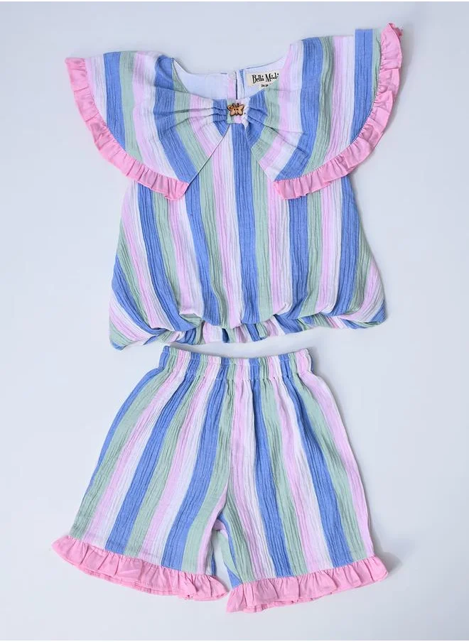 BELLA MODA Bella Moda Striped Ruffled Detail Sleeveless Top and Shorts Set