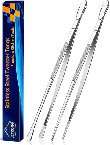 JETKONG 2 Pcs 14-Inch Food Tweezers Stainless Steel Tweezer Tongs Extra-Long Cooking Tweezers (Silver) - Image 1