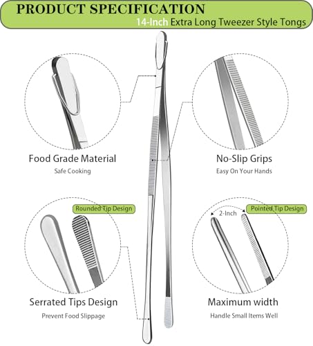 JETKONG 2 Pcs 14-Inch Food Tweezers Stainless Steel Tweezer Tongs Extra-Long Cooking Tweezers (Silver) - Image 2