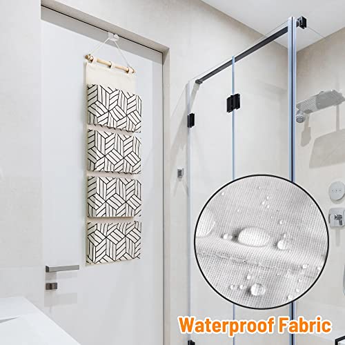 CROWNED 2Pcs Over Door Hanging Storage Bags Wall Mount Closet Organizer, 4 Big Pockets Linen Cotton Fabric Living Room Bedroom Bathroom File Magazine Waterproof Free Hooks White - Image 3