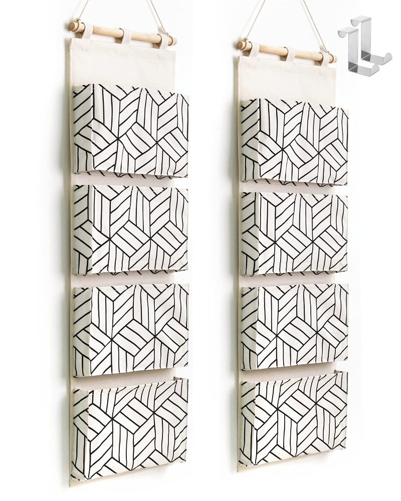 CROWNED 2Pcs Over Door Hanging Storage Bags Wall Mount Closet Organizer, 4 Big Pockets Linen Cotton Fabric Living Room Bedroom Bathroom File Magazine Waterproof Free Hooks White - Image 1