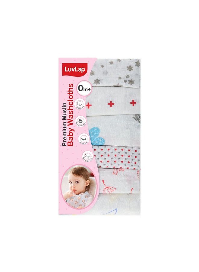 Luvlap Muslin Cotton Cloth Premium Baby Washcloth For New Born Washable Reusable Absorbent Extra Soft Face Towels Washcloth For Babies Dots Hearts Print Pack Of 6 Pcs Multicolour - Image 1