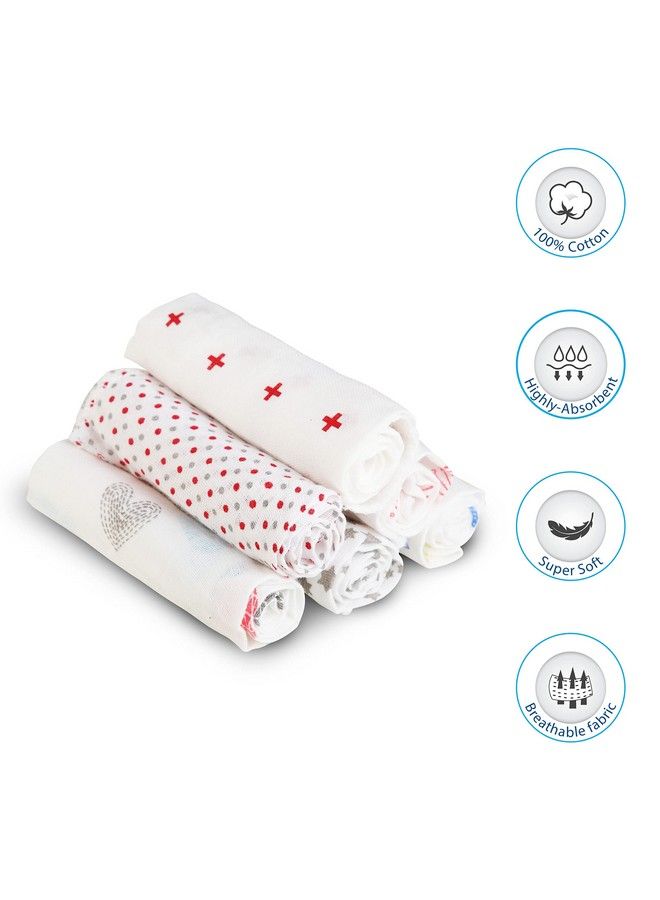 Luvlap Muslin Cotton Cloth Premium Baby Washcloth For New Born Washable Reusable Absorbent Extra Soft Face Towels Washcloth For Babies Dots Hearts Print Pack Of 6 Pcs Multicolour - Image 3
