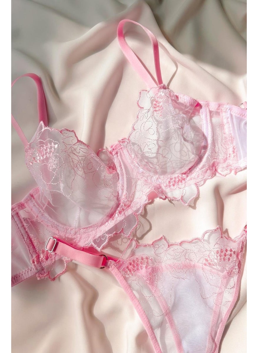 La Linaa Summer Pink Women's Tulle Thong Panty Bra Set  - Image 4