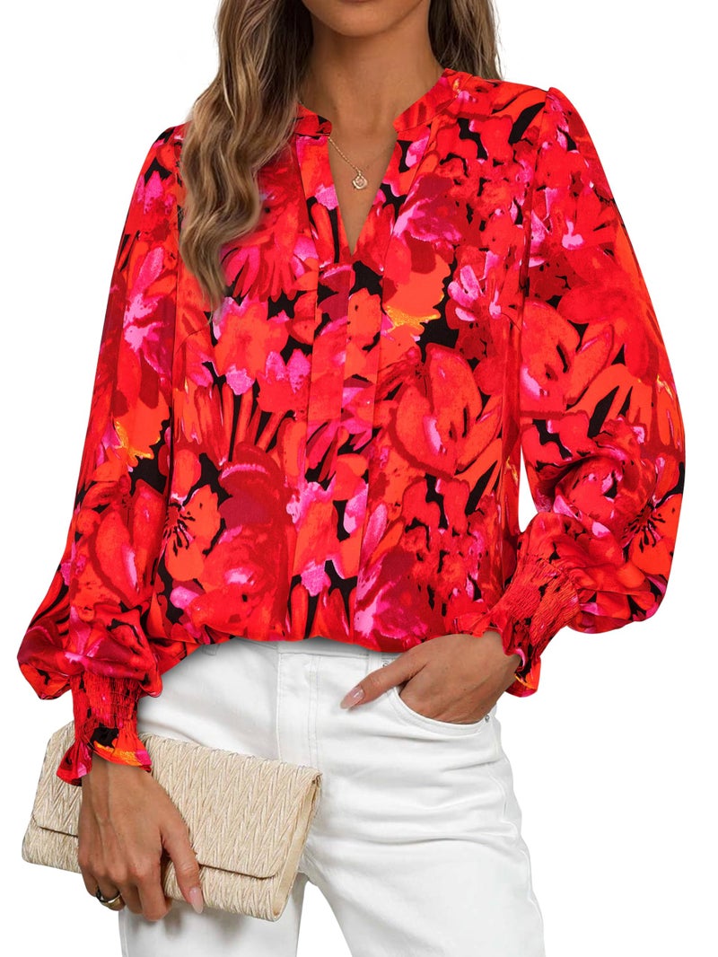 MASCOMODA Womens Boho Floral Long Sleeve Tops Spring Fashion 2026 V Neck Loose Chiffon Work Blouses Dressy Casual Shirts - Image 1