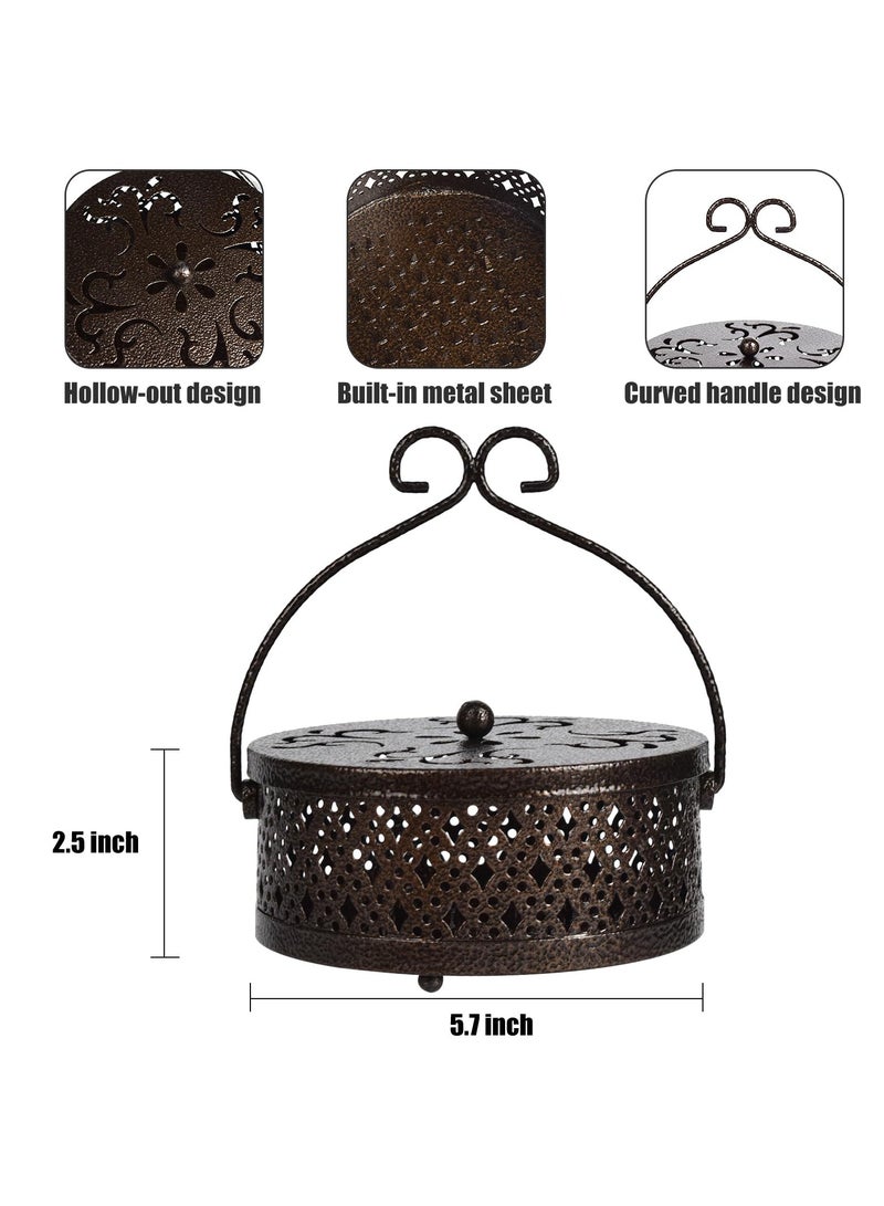 كاست ويف حامل لفائف البعوض، حامل لفائف البخور من قطعتين، حامل مبخرة معلق محمول على الطراز القديم مع مقبض، حامل بخور معدني دائري للاستخدام المنزلي والتخييم والأماكن المغلقة والمفتوحة (برونزي) - Image 3
