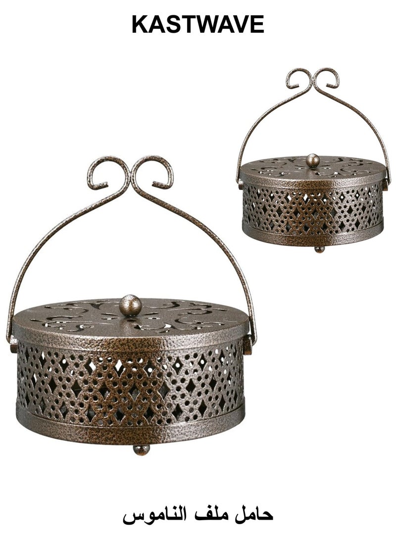 كاست ويف حامل لفائف البعوض، حامل لفائف البخور من قطعتين، حامل مبخرة معلق محمول على الطراز القديم مع مقبض، حامل بخور معدني دائري للاستخدام المنزلي والتخييم والأماكن المغلقة والمفتوحة (برونزي) - Image 1