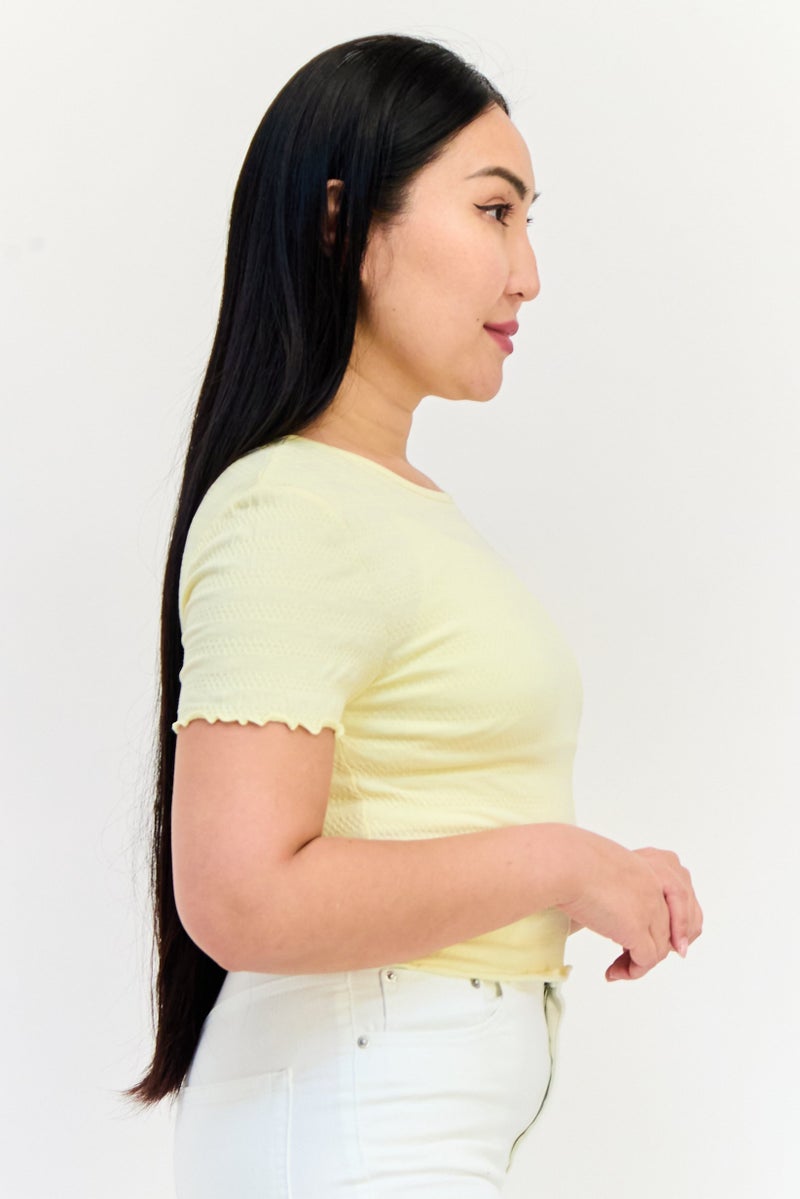 ONLY Women Round Neck Short Sleeve Textured Crop Top, Light Yellow - Image 4