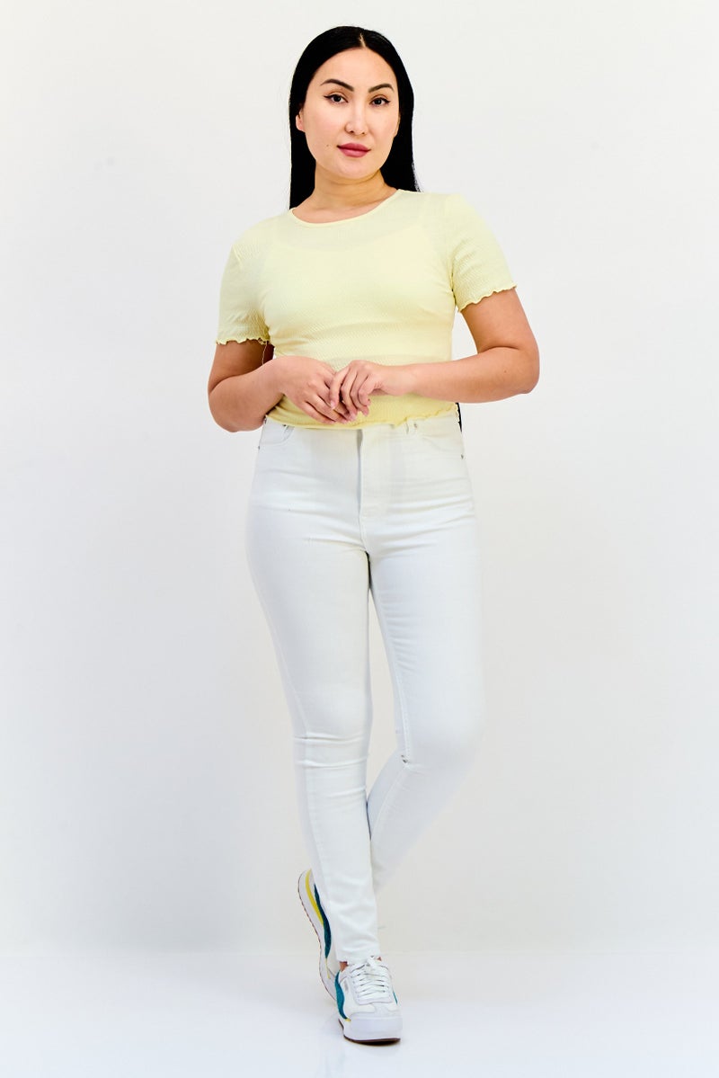 ONLY Women Round Neck Short Sleeve Textured Crop Top, Light Yellow - Image 2