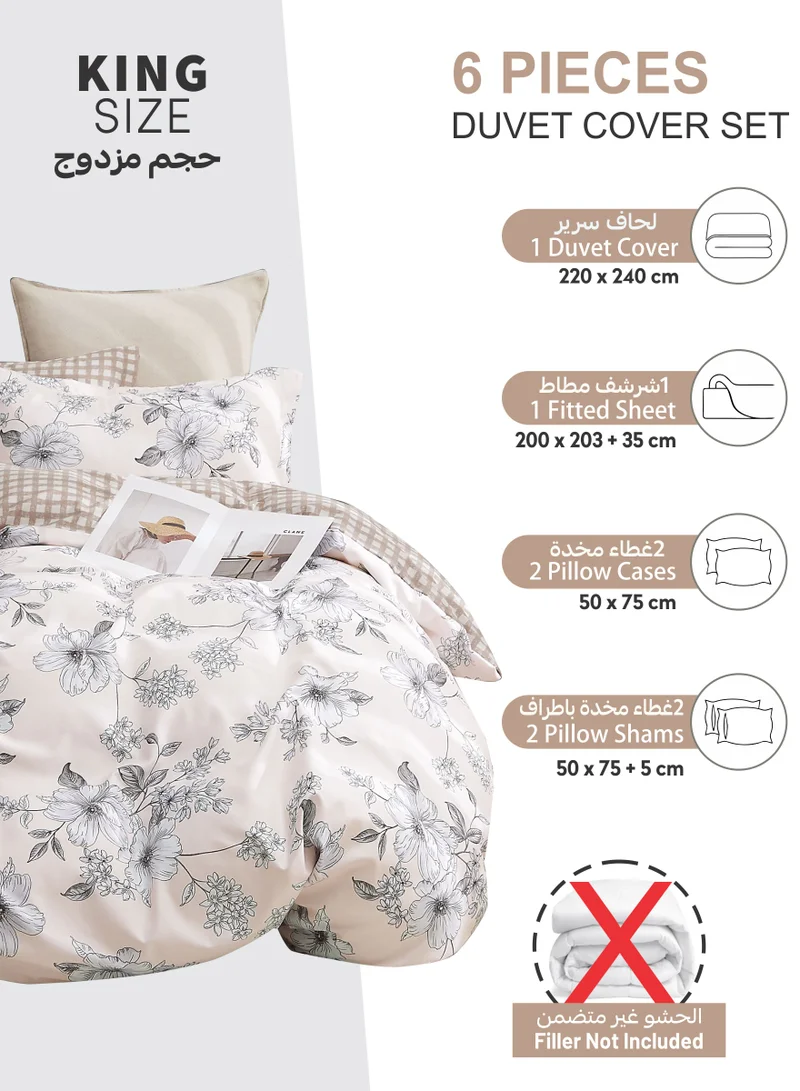 Donetella Printed Duvet Set, King Size 220x240 cm - 6-Pcs Bed Set, Microfiber Fabric - 1 Duvet Cover, 1 Fitted Sheet, 2 Pillow Shams, 2 Pillowcases (Filler Not Included)