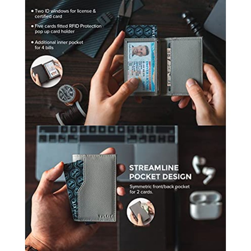 حامل بطاقة الائتمان للاستخدام اليومي، جلد طبيعي، أسود، حجب RFID + وظيفة المنبثقة التلقائية مع نوافذ مزدوجة لبطاقة الهوية - Image 3