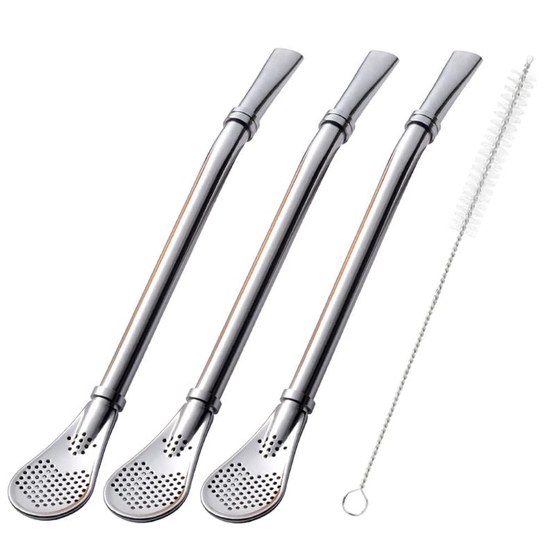 Bombilla Yerba Mate Straws 3 Pack Reusable Colorful Tea Coffee Cocktail Stainless Steel Bent Smooth Flow Drinking Stir Filter Spoon Straws with Cleaning Brush by Beruth silver