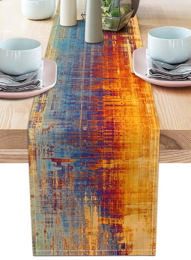 AILUER Orange and Blue Table Runner Modern Abstract Messy Rust Painting Linen Dresser Runner Vintage Farmhouse Style Table Decor for Kitchen Dining Wedding Coffee Home Party (13"x 90", Orange) - Image 1