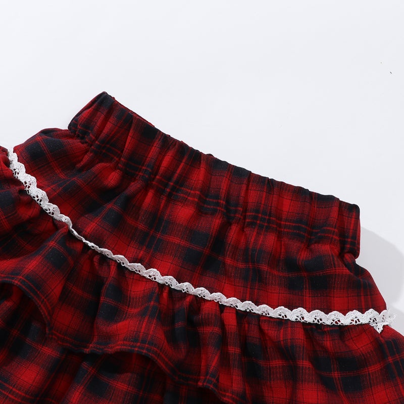 Lace Puffy Plaid Pleated Skirt Girls High Waist Slimming Skirt Elastic Waist Niche Skirt Sweet - Image 3