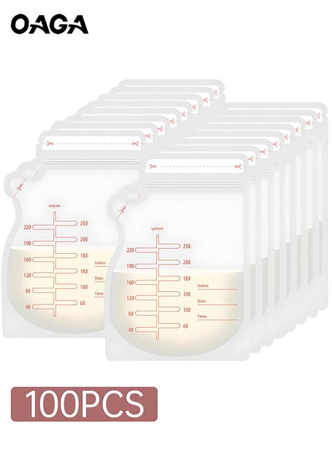 حزمة من 100 قطعة 250 ملل أكياس تخزين حليب الأم معقمة مسبقاً، فتحة سكب سهلة، خالية من مادة BPA، أكياس قابلة للوقوف، أكياس تخزين حليب الأم ذات إغلاق مزدوج