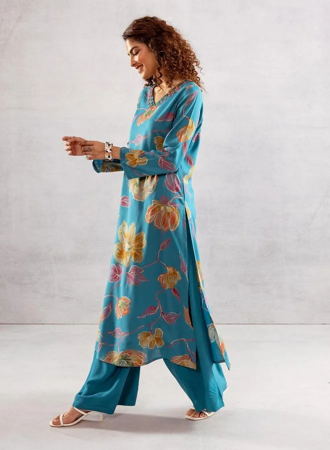 ISHIN Women's Sky Blue Rayon Printed Tunic Upper Calf Length Palazzo Bottom Straight Fit 2 Peice Kurta Set