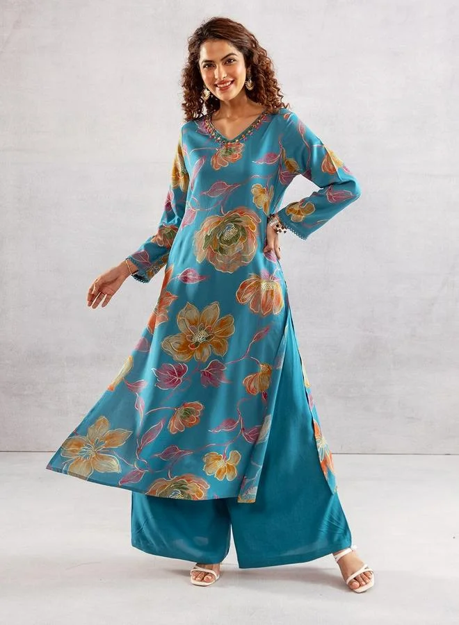ISHIN Women's Sky Blue Rayon Printed Tunic Upper Calf Length Palazzo Bottom Straight Fit 2 Peice Kurta Set