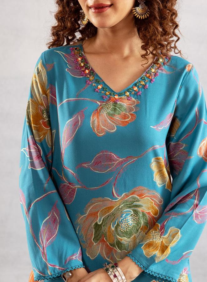 ISHIN Women's Sky Blue Rayon Printed Tunic Upper Calf Length Palazzo Bottom Straight Fit 2 Peice Kurta Set - Image 5